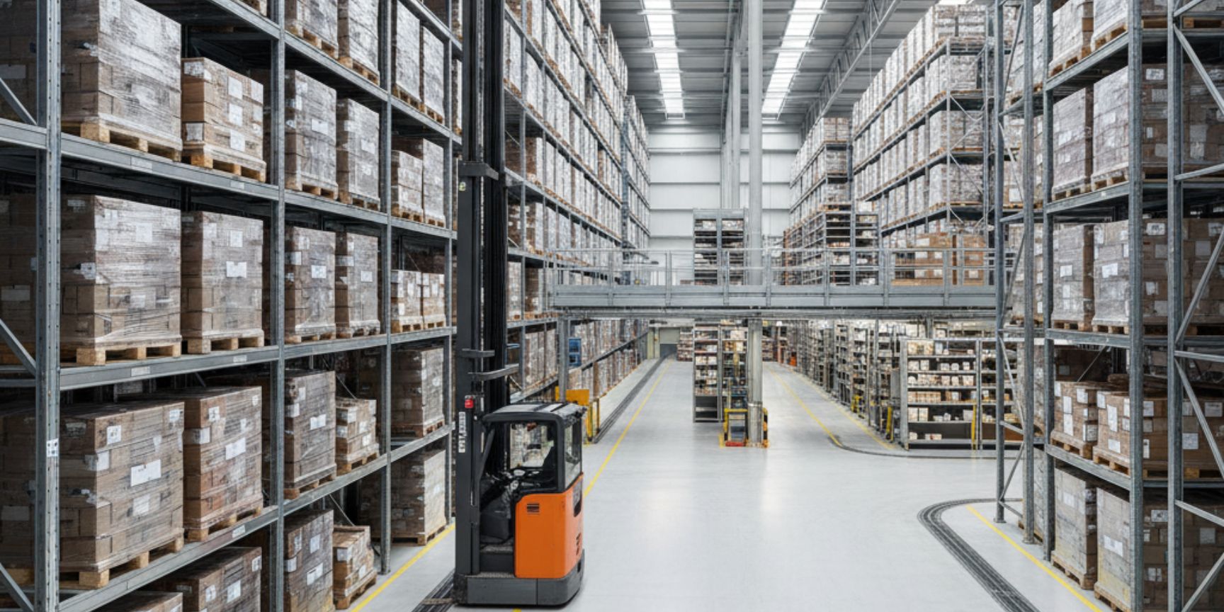 Ein Schmalganglager in einer modernen Logistikhalle. Ein oranger Schmalgangstapler ist dabei, eine Palette mit Kartons in ein hohes Palettenregal einzulagern. Die Regale reichen bis zur hohen Decke, die mit Oberlichtern versehen ist. Der Stapler fährt in einem sehr engen Gang, der durch Bodenschienen geführt wird, und ist von hohen Regalen mit verpackten Gütern umgeben.